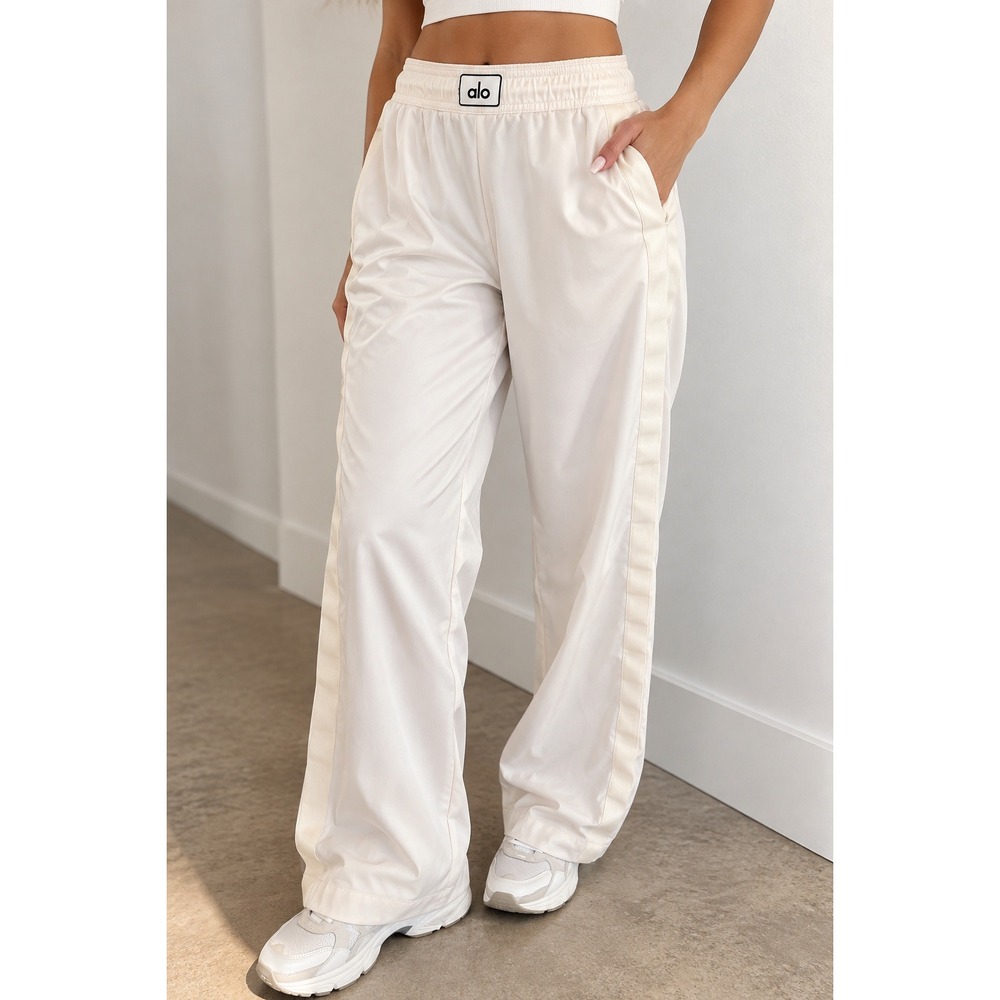 Alo Yoga Ivory Track Pants XS Wide Leg Satin Logo Athleisure Y2K Streetwear
